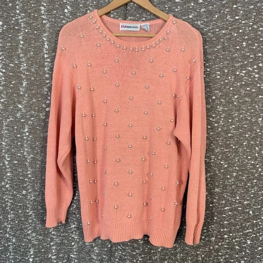 Vintage‎ Dana Scott Pink Knit Beaded Pullover Sweater Preppy Women's Large